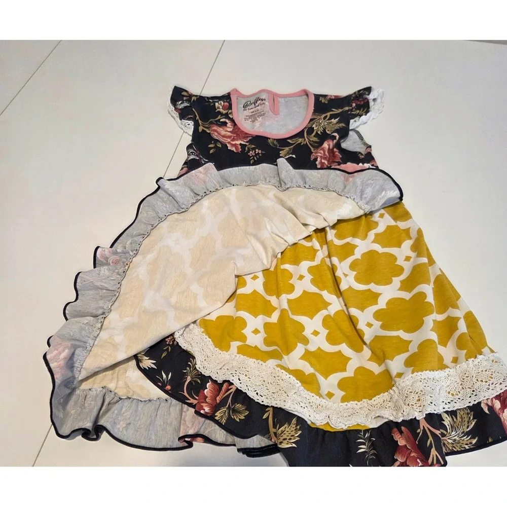 Ruffles by Tutu and Lulu Girls Floral Lace Ruffle Dress Pink Yellow Size 6-7Y